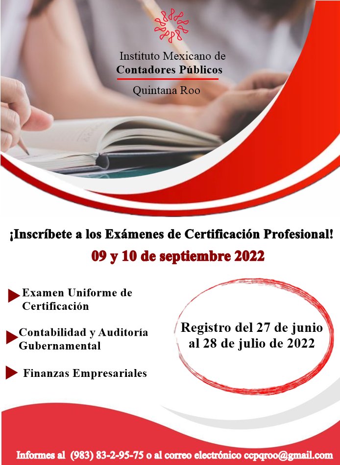 ¿Te interesa obtener tu certificación profesional por disciplina en Contabilidad y Auditoría Gubernamental o Finanzas Empresariales? ¡Inscríbete con nosotros a los Exámenes de Certificación Profesional!

Informes al (983) 83-2-95-75