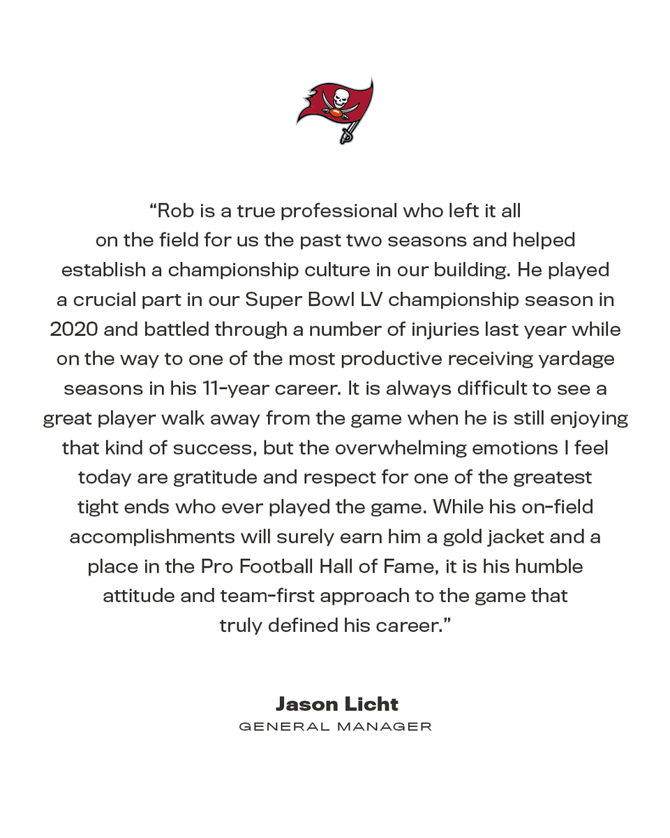 "Rob is a true professional who left it all on the field for us the past two seasons and helped establish a championship culture in our building." 

🗣: <a href="/jasonrlicht/">Jason Licht</a> on <a href="/RobGronkowski/">Rob Gronkowski</a>