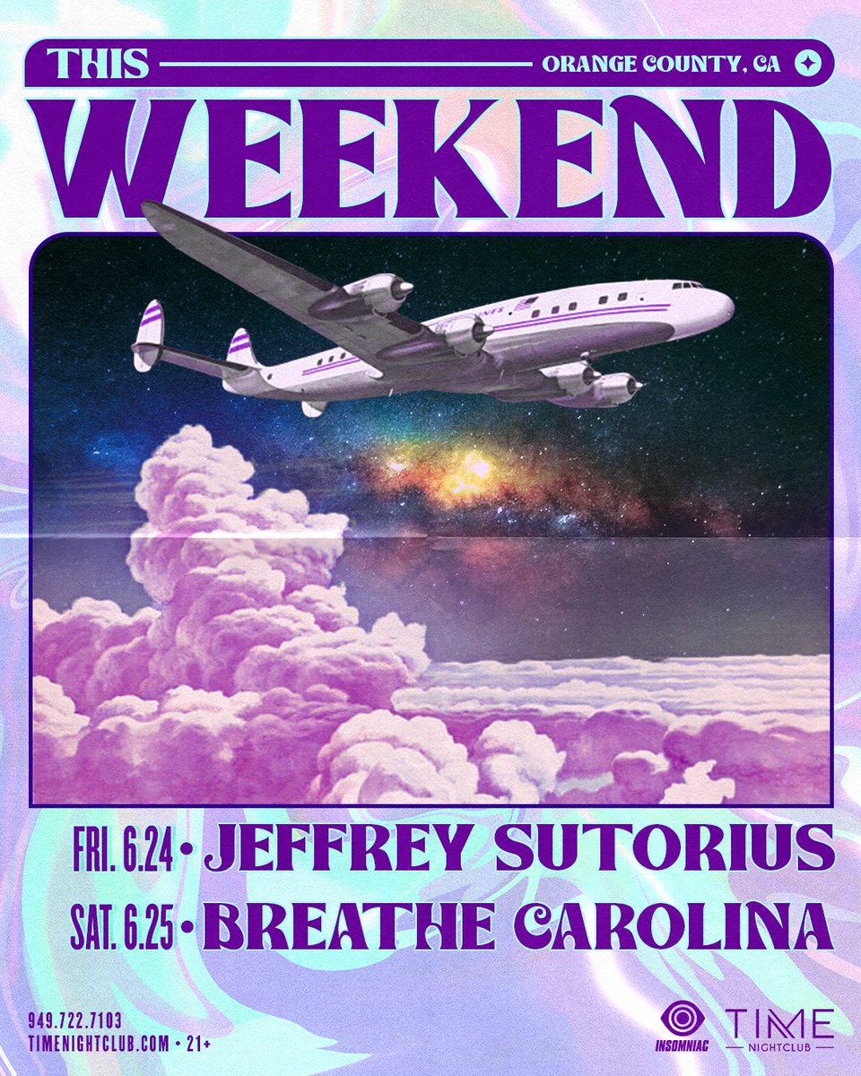 TIME NIGHTCLUB (@timenightcluboc) on Twitter photo Take off to new heights this weekend with <a href="/Jeff_Sutorius/">Jeffrey Sutorius (Official)</a> Friday, 6/24 and <a href="/BreatheCarolina/">BREATHE CAROLINA</a> Saturday, 6/25! ✈️
Find tickets and table reservations here → timenightclub.com Take off to new heights this weekend with <a href="/Jeff_Sutorius/">Jeffrey Sutorius (Official)</a> Friday, 6/24 and <a href="/BreatheCarolina/">BREATHE CAROLINA</a> Saturday, 6/25! ✈️
Find tickets and table reservations here → timenightclub.com