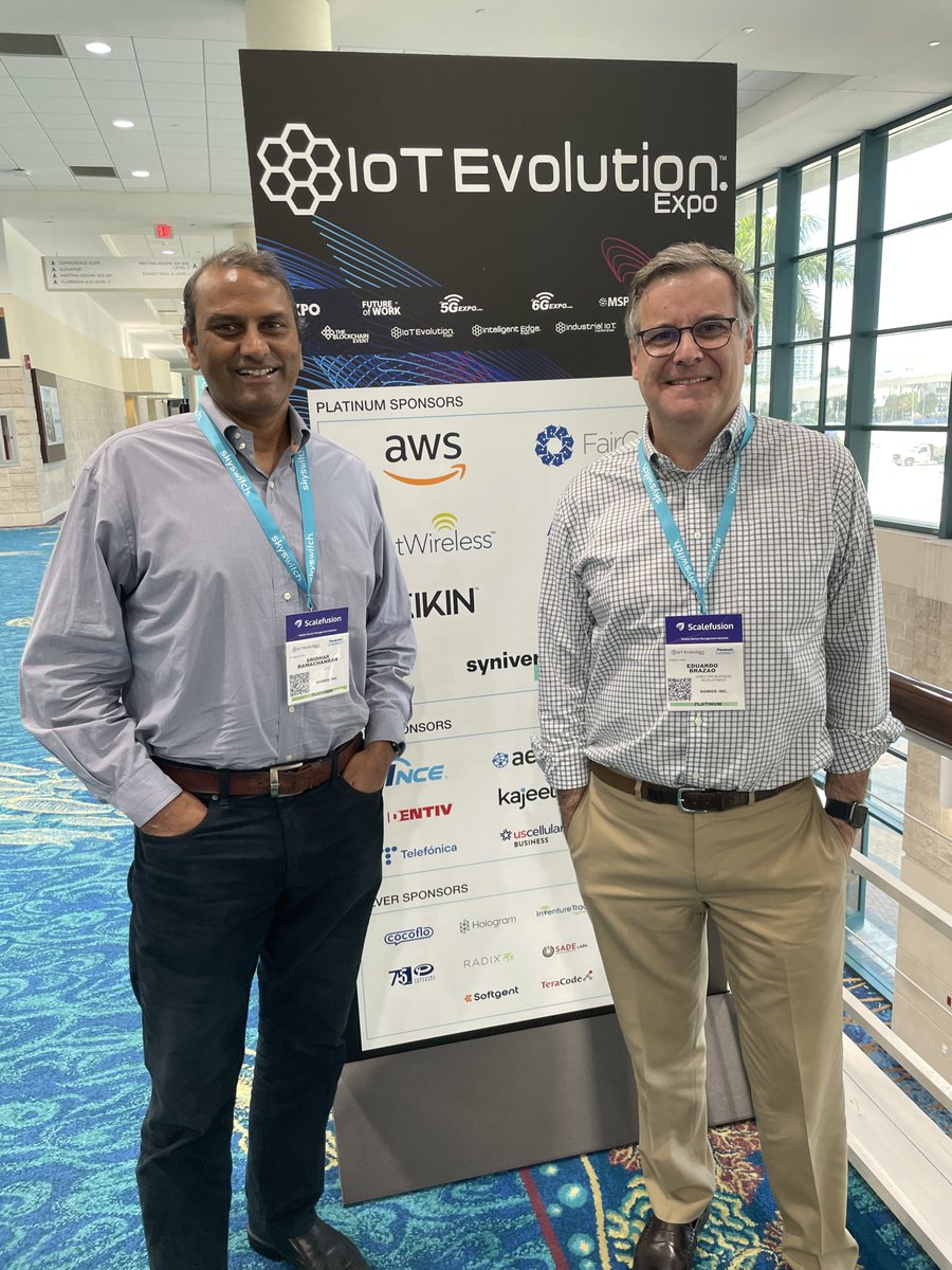 Somos_Inc's tweet photo. Somos’ @sri_ramach and @ebrazao are excited to be live in person at IoT Evolution Expo! From #IoT to #AI and beyond, it’s been fun being back on the conference circuit! Want to know what #TeamSomos has been up to? If, so, let’s meet up! Email connect@somos.com today. https://t.co/FgGPlZI3T9