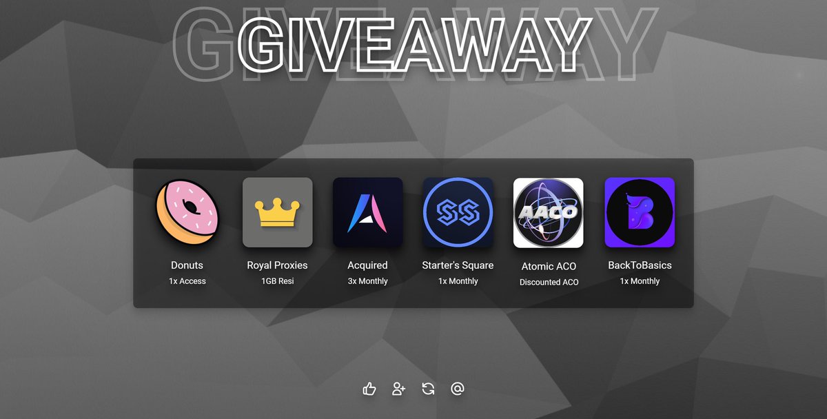 Giveaway!!🎉

Like❤️
Retweet♻️
Follow👇

1x Access @Dcookgroup
1GB @RoyalProxiesio
3x Monthly Memberships @AcquiredWealth
1x Free Month @starters_square
1x Free Month Of Discounted ACO <a href="/Atomic_ACO/">Atomic ACO</a>
1x Free Month <a href="/BasicCookGroup/">Back To Basics</a>
