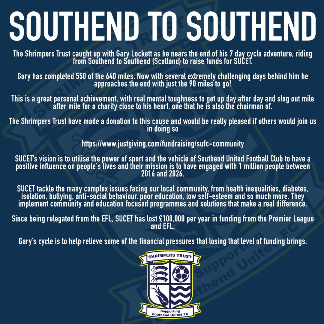 We'd like to say a massive well done to <a href="/GaryLockett63/">Gary Lockett</a>  after his inspiring cycle from Southend, Essex to Southend, Scotland in aid of <a href="/SUFCCommunity/">Southend United Community Foundation</a>.

We are proud to have contributed to the cause and would like to encourage our members to do so also 👏 

justgiving.com/fundraising/su…