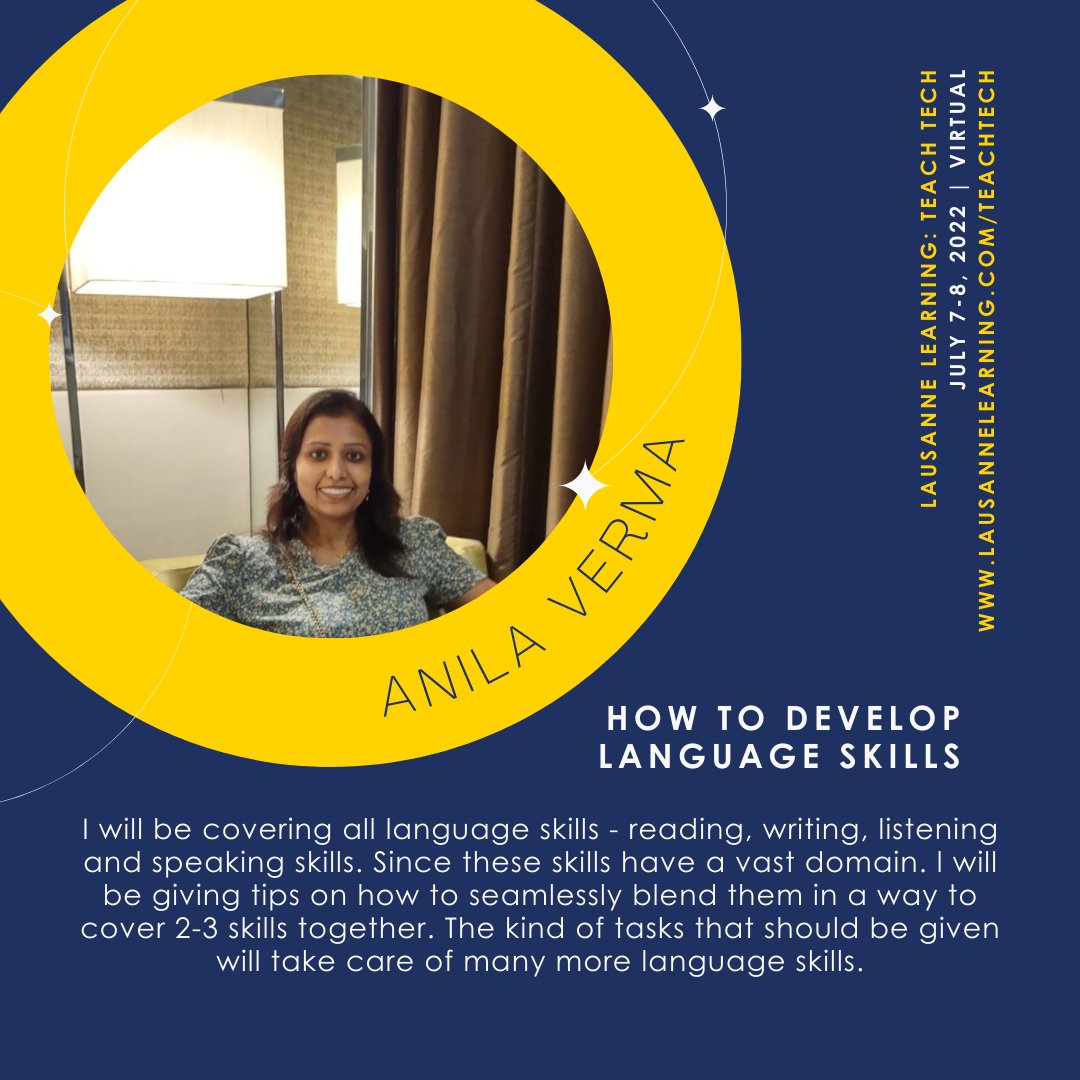 LausanneLearn's tweet photo. Language skills are crucial - but how can we help students develop them in #lowerschool, #elementaryschool, and #earlychildhood? Join @AnilaVerma1 at #TeachTech2022 to learn and share - and see all the workshops here! --> https://t.co/Mdq8ZWp2Kk https://t.co/lob2L1krkg
