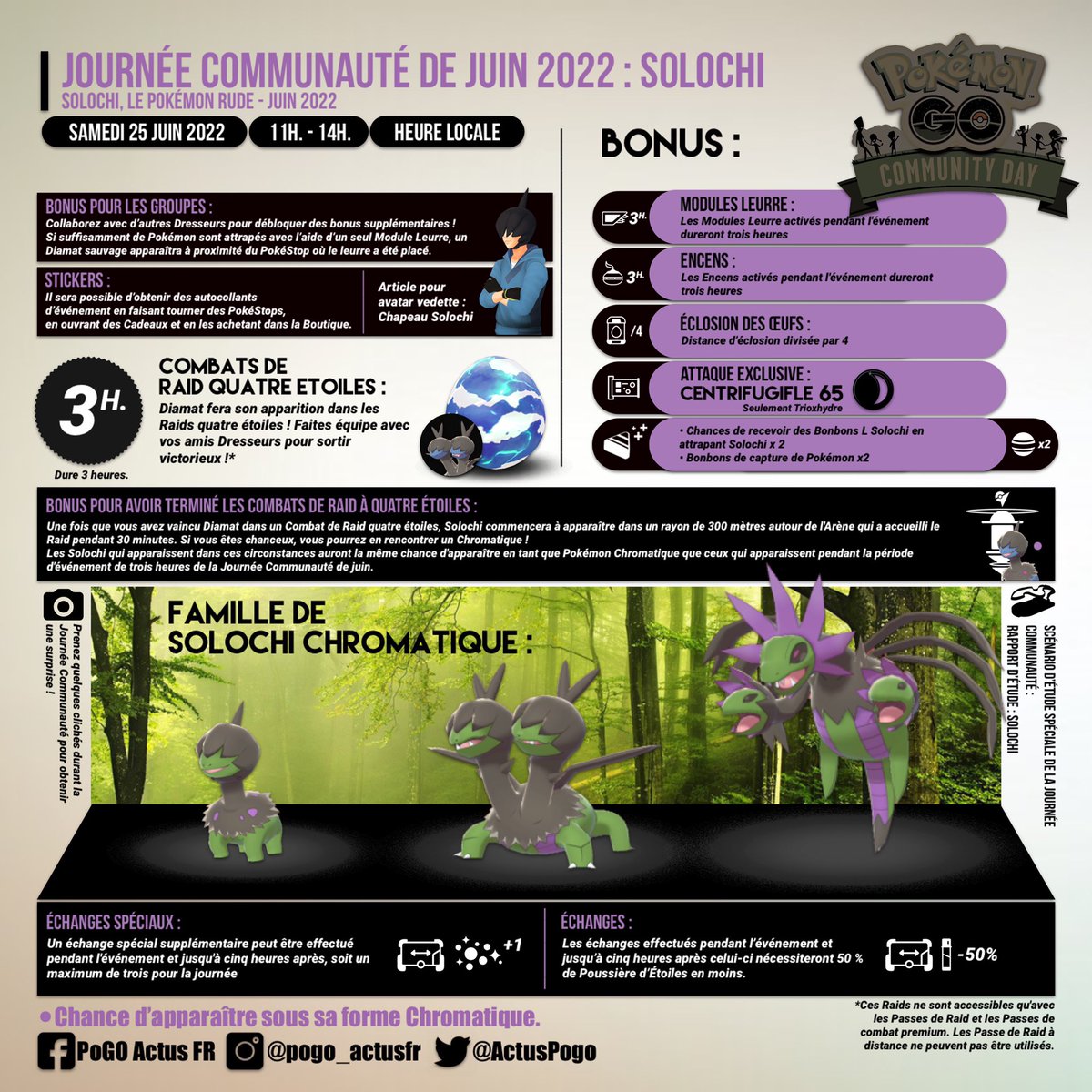 ActusPogo's tweet photo. Journée Communauté de juin 2022 : #Solochi
📆 Samedi 25 juin 2022 de 11H. à 14H. (heure locale)
Solochi, le Pokémon Rude, sera à l’honneur lors de la Journée Communauté de juin !
#PokemonGO #PokemonGOCommunityDay #Deino #ShinyPokemon #Shiny https://t.co/5YPSxMw1S3