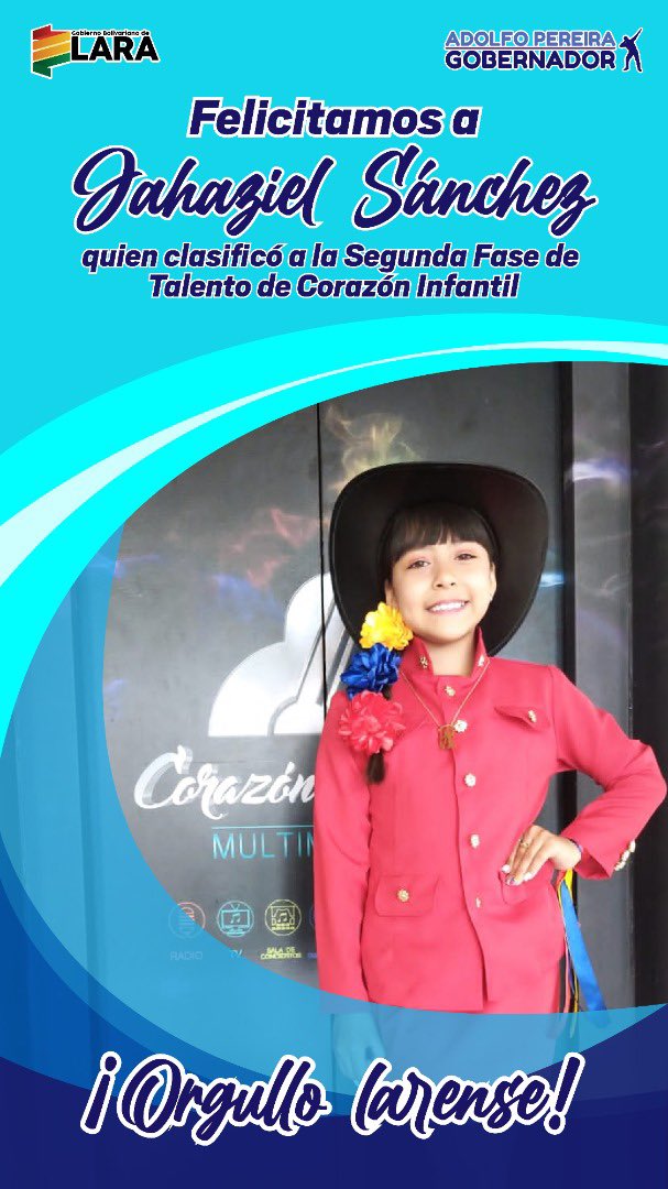 #21Jun ¡Orgullo larense! nuestra Jahaziel Sánchez de 9 años de edad, del Municipio Iribarren, nos representa en la segunda fase del concurso Talento de Corazón. Enviamos la mejor energía y deseamos éxito en su presentación en Caracas.