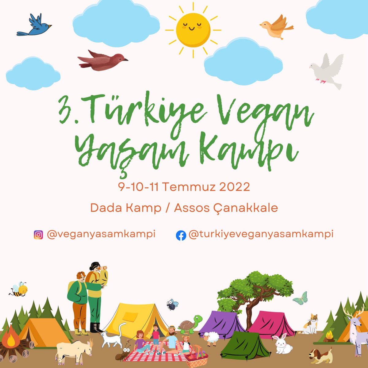 Haydi veganlar, harekete geçmeye! Birlikte olmaya, tanışmaya, dertleşmeye ve çoğalmaya ihtiyacımız var. Arzuladığımız dünyanın küçük bir prototipini kuracağımız; zulümsüz, sömürüsüz, eğlence, sohbet, dayanışmayla geçecek bu kampta buluşalım! Vegan bir dünya mümkün!