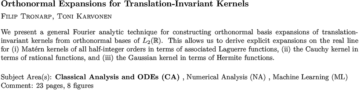 arxiv.org/abs/2206.08648…
F Tronarp, T Karvonen
Orthonormal Expansions for Translation-Invariant Kernels