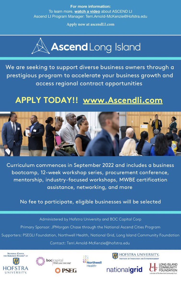 Please share with your network: We are seeking to support diverse business owners through prestigious program to accelerate your business growth and access regional contract opportunities. APPLY TODAY!! Ascendli.com