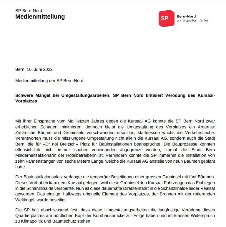 SP Bern-Nord kritisiert Verödung des Kursaal-Vorplatzes