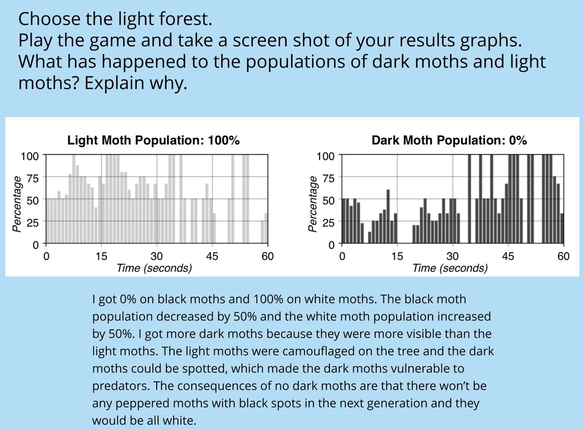 WPatemanscience's tweet photo. Year 6 studied natural selection by looking at the case study of the Peppered Moth. They used computer simulations to graph what happens to different coloured moth populations in clean and polluted forests. https://t.co/kwjylgNLCk