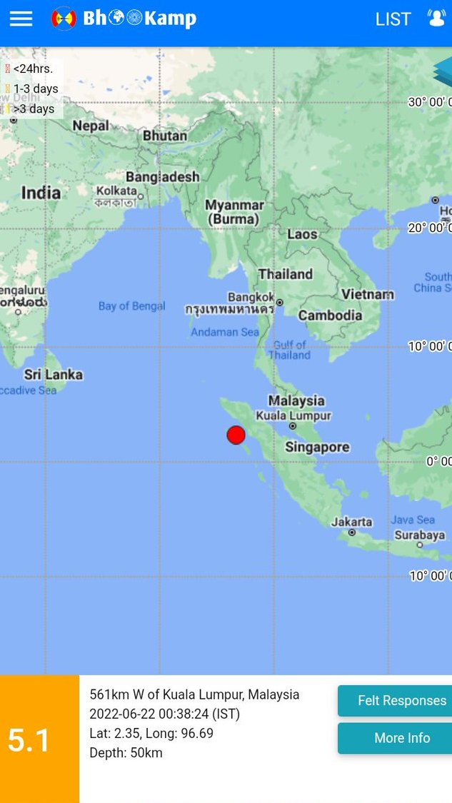 An earthquake of magnitude 5.1 occurred at around 12:38am, 561km west of Kuala L…