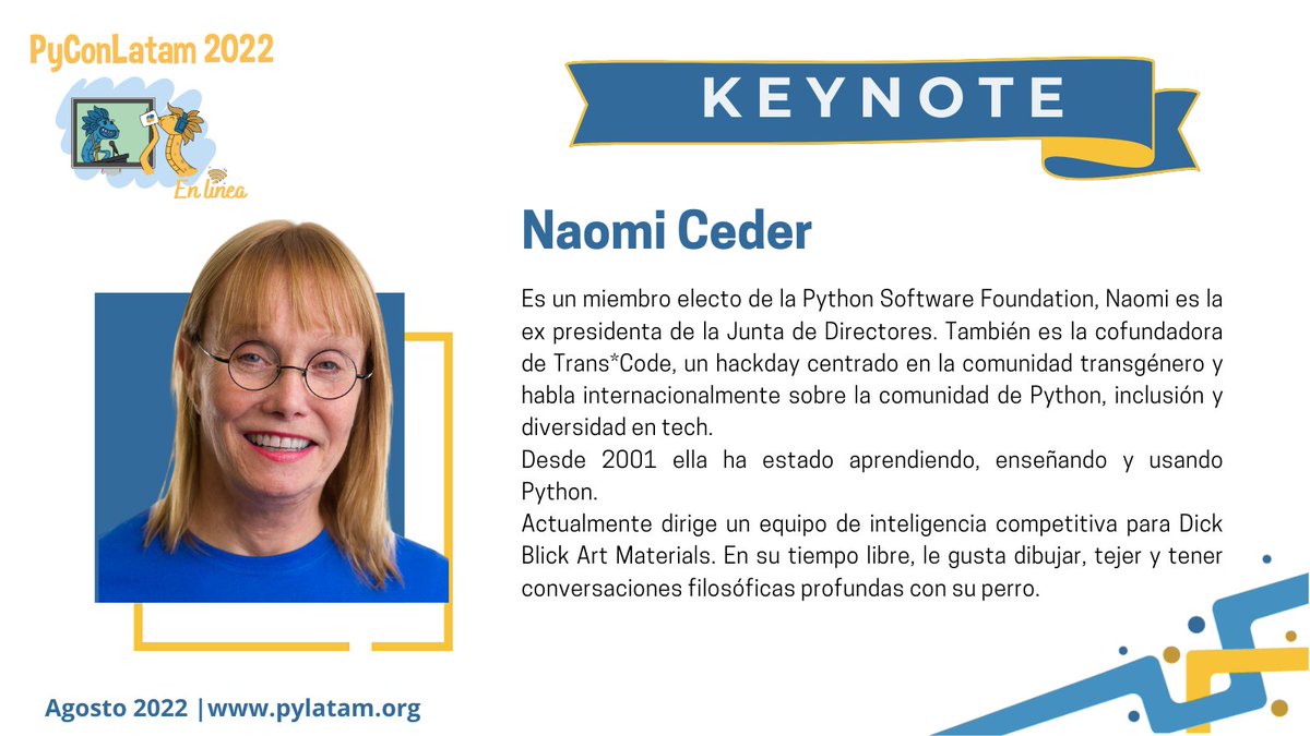 PyLatam's tweet image. 📢¡Anuncio de Keynote!

Estamos emocionados de anunciar que para la edición de #PyConLatam2022 tenemos dentro de nuestro lineup de keynotes a Naomi Ceder.🎉🐍🚀

Conoce más sobre Naomi: 👇
naomiceder.tech

#Python
#PyCon
#Latam