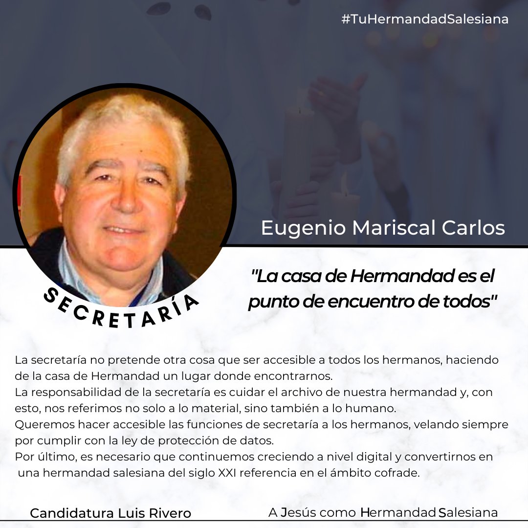 Otro día más continuamos mostrando a los miembros que componen la candidatura de Luis Rivero para la Hermandad del Despojado de Cádiz.

Tenemos el honor de contar con Eugenio Mariscal Carlos para las funciones de Secretaría.

#TuHermandadSalesiana #DespojadoCadiz #ConcepcionCadiz
