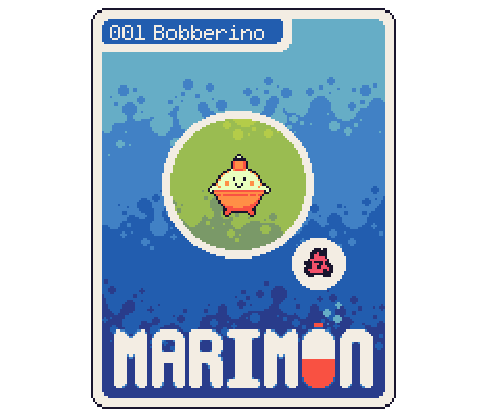 YoshiMakes's tweet photo. New look for #Marimon cards! The individual cards started as a purposefully simple semi-stopgap that I could share without spoiling the more in-depth bestiary pages I wanted to do, but since that aspect has gone on the backburner (for now), I wanted to pretty them up! #fakemon https://t.co/qcfPDSRCPX