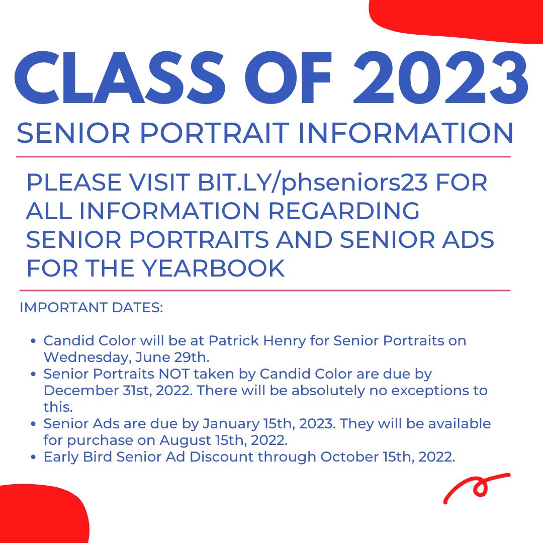 Class of 2023 Senior Portraits:

Please visit bit.ly/phseniors23 for all information regarding senior portraits, including ones taken by Candid Color on June 29th. 

#uniPHied
#PHamily
