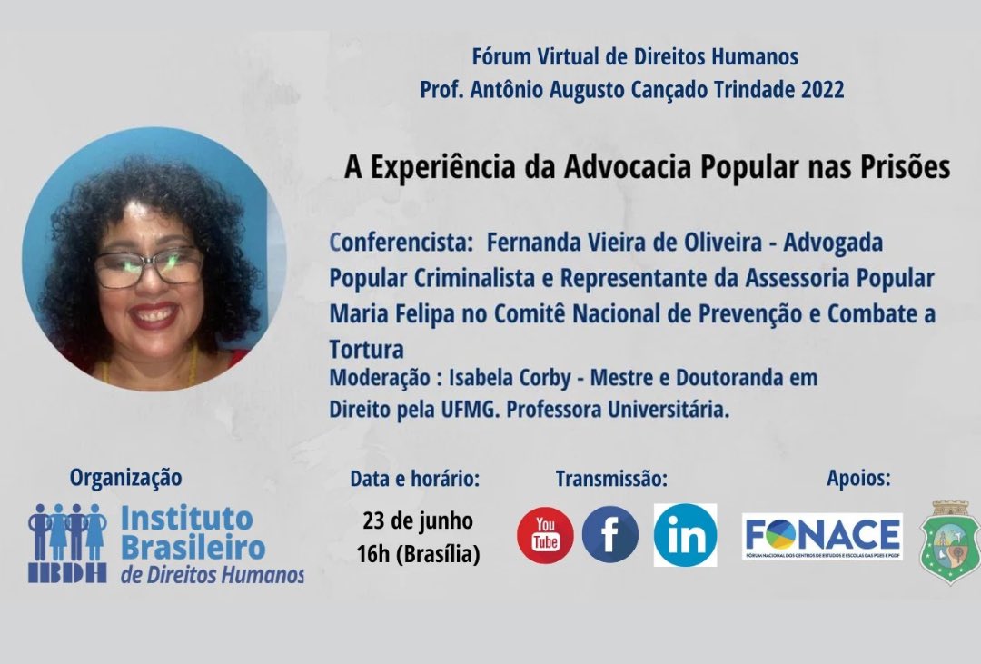 APMariaFelipa's tweet image. O *Instituto Brasileiro de Direitos Humanos (IBDH)*, com apoio do FONACE, convida para a
Fórum Virtual de Direitos Humanos

📆 *23 de junho*
⏰ *16h (Brasilia)*.     
 🎯youtu.be/6u4ODiSSB5U