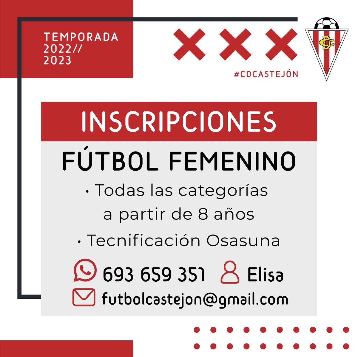 ⚽️📝 INSCRIPCIONES TEMPORADA 22/23 📝⚽️ Abierto plazo de inscripciones para todas las categorías de los equipos de fútbol femenino para la temporada 2022/2023. Enviar solicitud vía WhatsApp o correo electrónico 📱 693 659 351 🙋 Elisa 📩 futbolcastejon@gmail.com