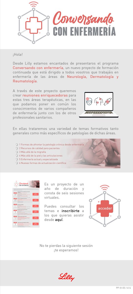 Gracias a @LillyES por el programa "Conversando con Enfermería", proyecto de formación para Enfermer@s de Neurología, Dermatología y Reumatología.....y para todo el que esté interesado. #PonUnaEnfermeraEnTuVida
¡¡¡Inscribete!!!⬇️⬇️⬇️⬇️⬇️
