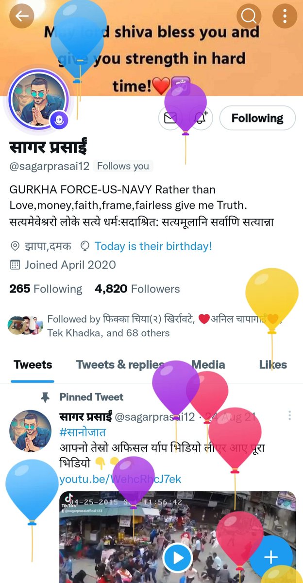 हरेक पलहरु खुसिमय होस् !
आवाज यस्तै बुलन्द रहोस् ! 
गितसंगीत अझै सशक्त आवोस् ! जन्मदिनको अनगिन्ती शुभकामना @sagarprasai12 ब्रो !🎈🎊🎉🎆