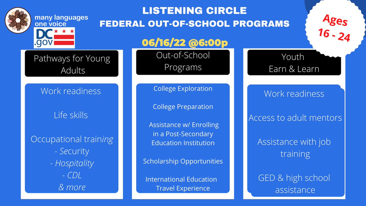 DC's Department of Employment Services (DOES) joins MLOV tonight at 6pm to share opportunities for careers and education to residents of DC, ages 16-24. Please join us Tuesday, June 21 at 6pm via Zoom. Share with your family and friends!

Join Zoom here: us02web.zoom.us/j/81939960951?…