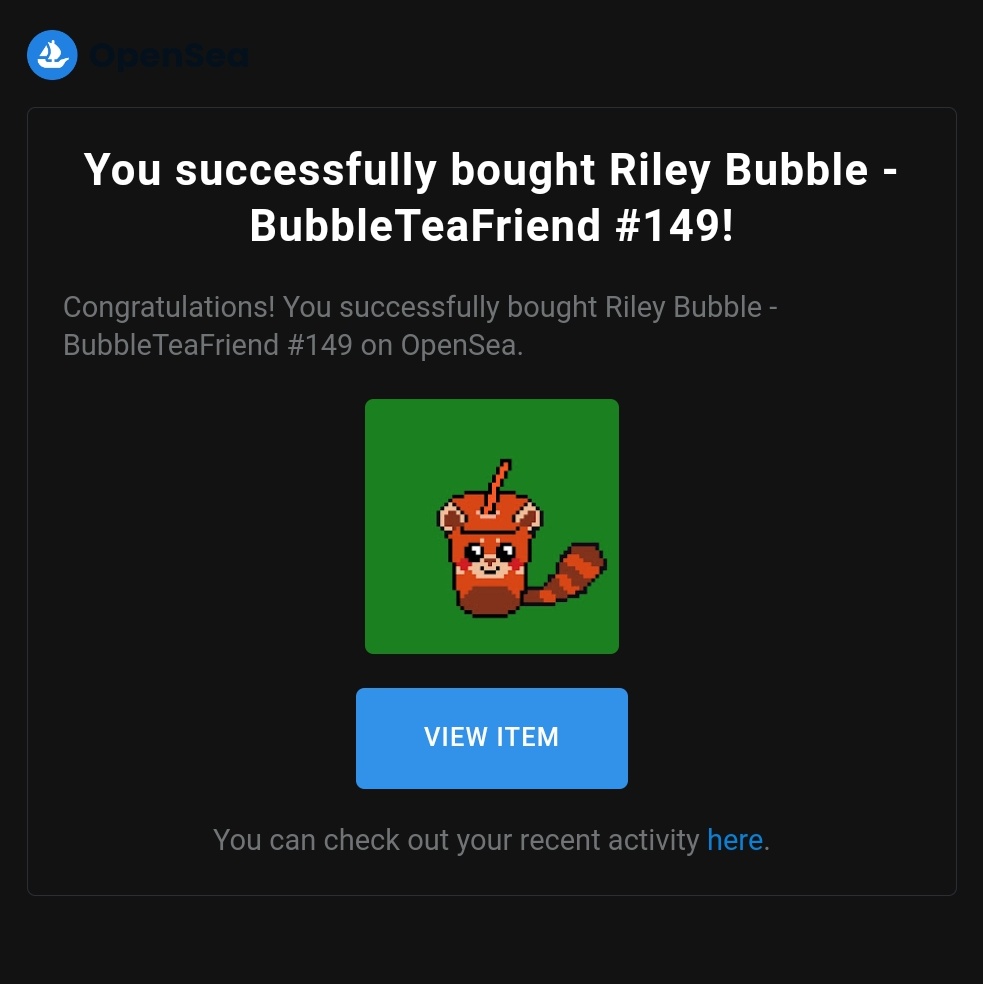 BOUGHT!
This is my last bought of the day!
How could I resist this cute red panda bubble tea made by <a href="/BubbleFriendNFT/">BubbleTeaFriendsNFT</a> ? 🥺❤️
Thank you for this masterpiece! 🥰
#NFTCommunity #NFTfamily #NFTfam