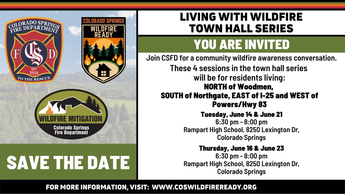 CSFDPIO's tweet image. Reminder...Tonight&apos;s town hall meeting will begin at 6:30pm at Rampart High School. If you live NORTH of Woodman Rd/SOUTH of Northgate and EAST of I-25/WEST of Powers this one is for you. Come learn about preparing for wildfire in our community #COSWildfireReady