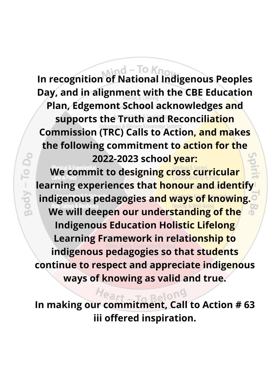 EdgemontCBE's tweet photo. Today on National Indigenous Peoples Day, Edgemont School commits to recognizing and supporting the Truth and Reconciliation Commission Calls to Action #WeAreCBE #CBEIndigenousEd #NIPD2022 https://t.co/QxuXvgvru4