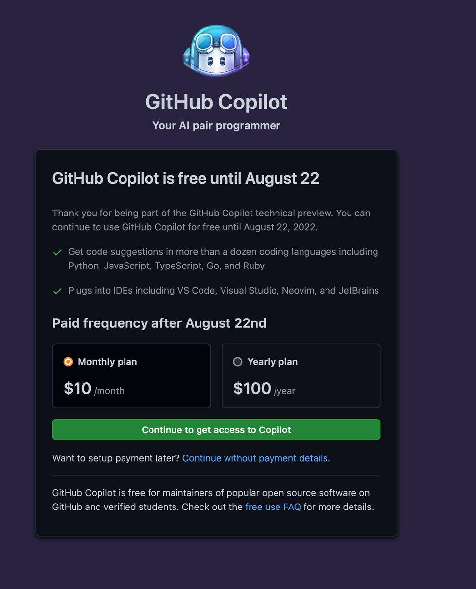 wesbos's tweet image. There it is! Co-pilot is going paid.
Worth $10/mo? I think yes
