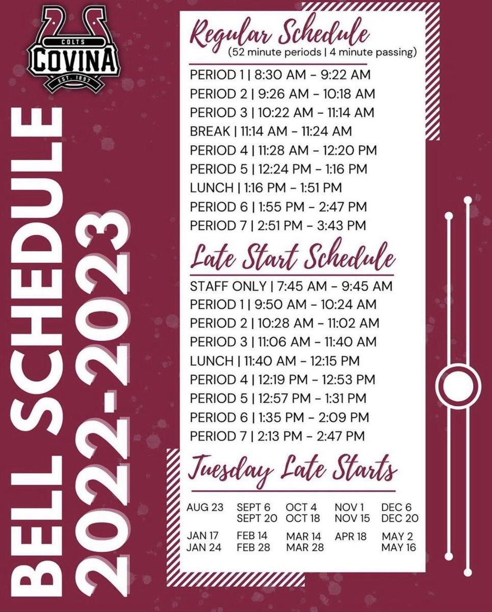 CovinaHighPTSA (@covinahighptsa) on Twitter photo Check out the new Bell Schedule! Regular Day Start Time is 8:30 am. <a href="/covinacolts/">Covina High School</a> #newstarttime #moresleep Check out the new Bell Schedule! Regular Day Start Time is 8:30 am. <a href="/covinacolts/">Covina High School</a> #newstarttime #moresleep