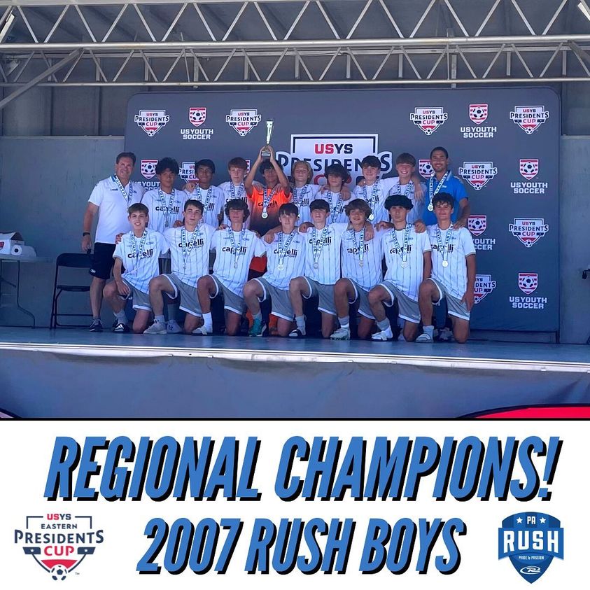 CHAMPIONS!! 🏆🏆  
The 2007 Rush Boys defeated FC Pittsburgh 1-0 to be crowned regional champions! Congrats to the team and Coach TJ for this amazing accomplishment! Next stop… NATIONALS!!
<a href="/RushSoccer/">Rush Soccer</a>  <a href="/PARushSoccer/">PA Rush Soccer Club</a> <a href="/usyscups/">US Youth Soccer Cups</a> <a href="/EPAYouthSoccer/">Eastern PA Youth Soccer</a> #theroadtonationals