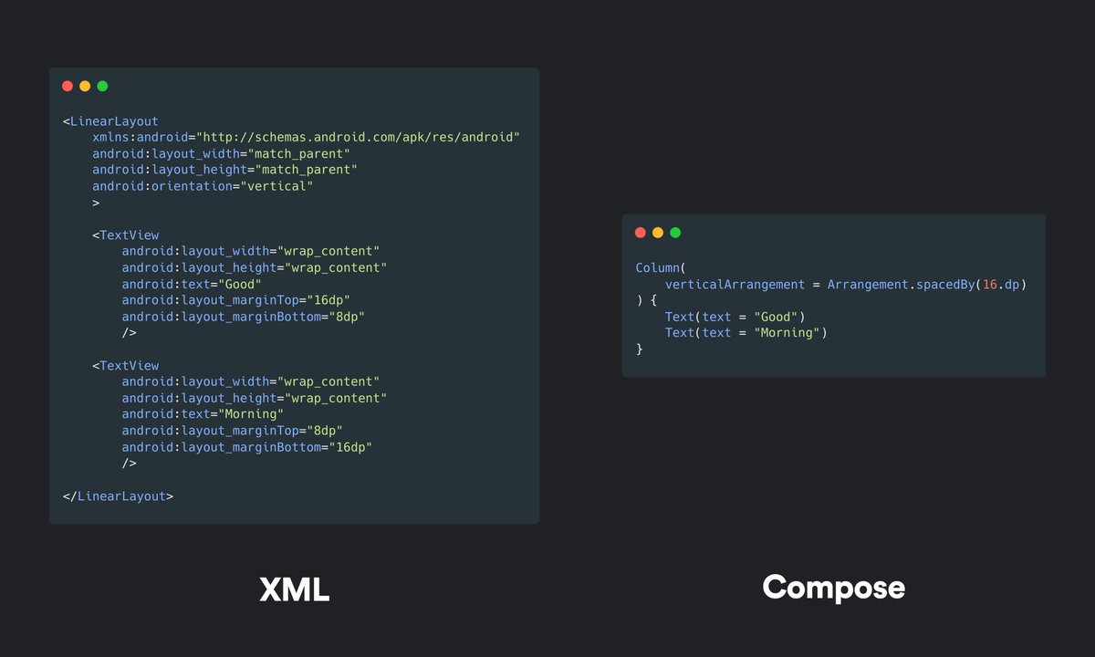 waseefakhtar's tweet image. Jetpack Compose vs XML:
Instead of setting margins for each element to have equal spacing in XML, you can now set it once in a parent layout with verticalArrangement or horizontalArrangement in Compose.
#AndroidDev #Android #AndroidTip #100DaysOfCode