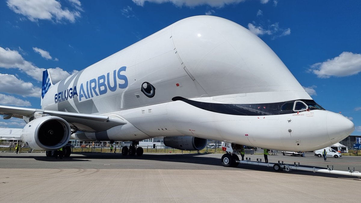 FlightIntl's tweet photo. The Beluga XL transport aircraft is one of several Airbus exhibits at #ILA22 in Berlin. #avgeek https://t.co/JeiTbqwArV