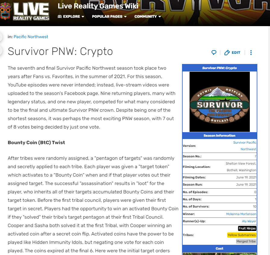 SurvivorPNW's tweet photo. The Survivor PNW wiki and profile pages are complete! Re-live the seventh and final season (Survivor Crypto) here: https://t.co/ZVzMAWFSjF https://t.co/kGb3XNxiZ2