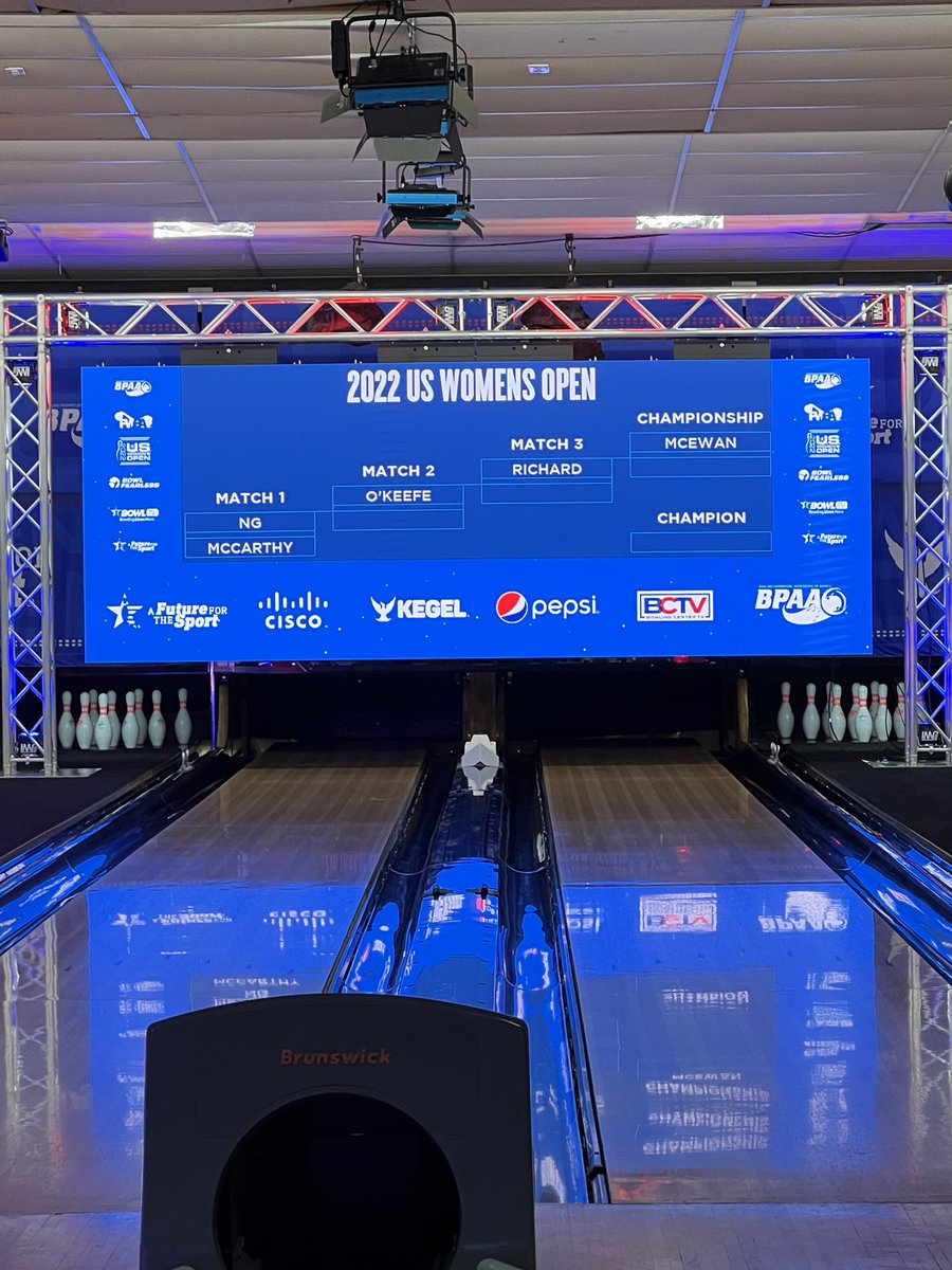 PWBATour's tweet photo. The stage is set for the 2022 U.S. Women’s Open stepladder finals. 

Who is your pick to win the green jacket? 🏆 🦅 

#PWBATour #BowlFearless #GoBowling #USWO https://t.co/QSE82SepVj