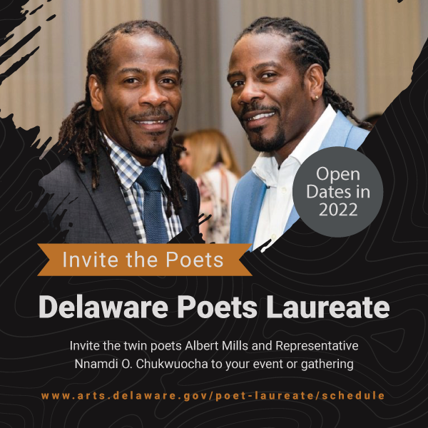 ArtsDelaware's tweet photo. #Governor #JackMarkell appointed the Twin #Poets, Representative Nnamdi O. Chukwuocha and Albert Mills, as 17th #PoetsLaureate of #Delaware in 2015. The Twin Poets are strong advocates for poetry throughout the state, and you can invite them to your event https://t.co/AIX24KFrtS https://t.co/sHg6i8kdIr