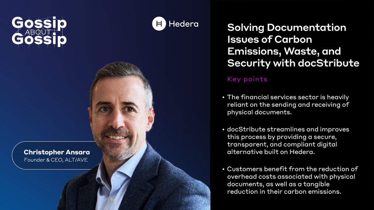 hedera's tweet photo. Christopher Ansara (@cansara), Founder &amp; CEO of @ALTAVE_ltd, joins ‘Gossip about Gossip’ this week to discuss ALT/AVE’s flagship product, docStribute: a secure, transparent, and compliant digital alternative to financial documentation processes. #Hedera
🎙https://t.co/AduzHtihQ8 https://t.co/2Mo9JGkMN3