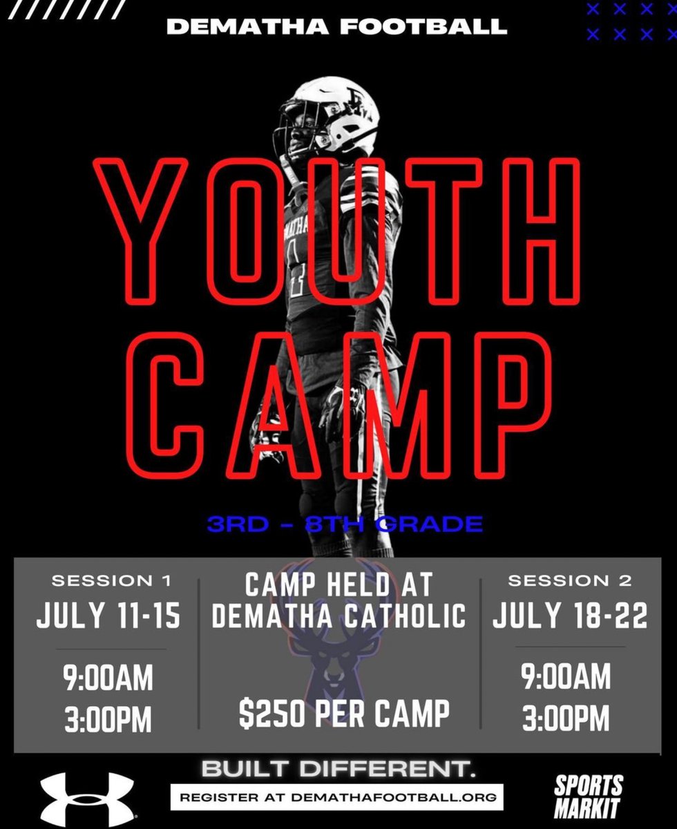 SportsMarkit's tweet photo. Register Today! DeMatha Football Summer Youth Camp! $250 a session, Session 1 July 11th-15th; Session 2 July 18th-22nd  🏈💪 - https://t.co/jz2wJkE40m 3rd-8th graders @Stags_Football @sportsmarkit #onedematha #builtdifferent #sportsmarkit #camps https://t.co/VFnur5WVWv