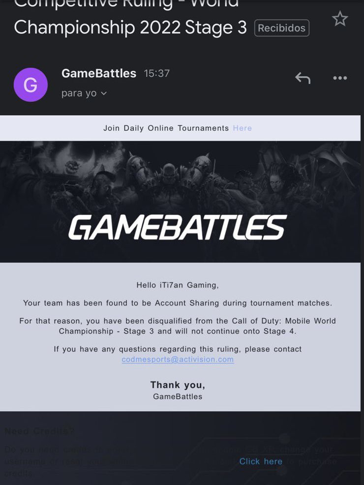 I TI7AN Gaming (@ititangaming) on Twitter photo Inexplicablemente y de manera injusta nos descalifican de la Fase 4, daremos nuestro descargo con pruebas a la brevedad.
<a href="/CoDMobileSports/">COD Mobile Esports News</a> @GameBattlesHelp <a href="/Activision/">Activision</a> <a href="/PlayCODMobile/">Call of Duty: Mobile</a> <a href="/Zygnus_/">Zygnus E-Sports</a> <a href="/TribeGaming/">Tribe Gaming</a> <a href="/ZoeyGG__/">Zoey | Caster 🎙️</a> Inexplicablemente y de manera injusta nos descalifican de la Fase 4, daremos nuestro descargo con pruebas a la brevedad.
<a href="/CoDMobileSports/">COD Mobile Esports News</a> @GameBattlesHelp <a href="/Activision/">Activision</a> <a href="/PlayCODMobile/">Call of Duty: Mobile</a> <a href="/Zygnus_/">Zygnus E-Sports</a> <a href="/TribeGaming/">Tribe Gaming</a> <a href="/ZoeyGG__/">Zoey | Caster 🎙️</a>