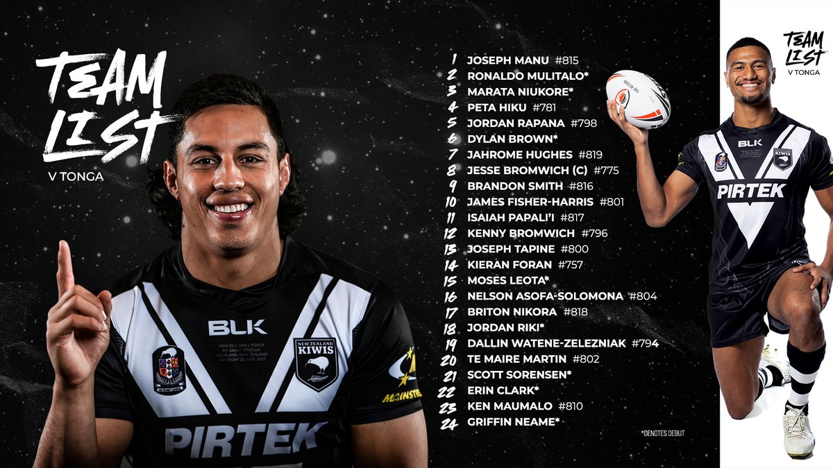 NZRugbyLeague's tweet photo. Your Kiwis lineup to take on Tonga this Saturday ๐ฅ
https://t.co/WUIvQbnq4z
#TheKiwiWay https://t.co/Qyn9zLubC7