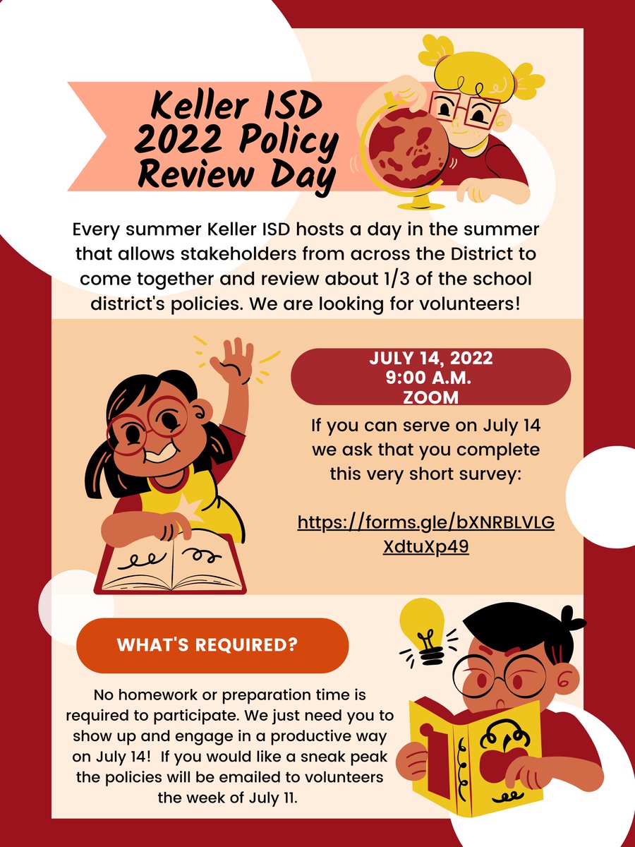 Are you interested in volunteering for the <a href="/KellerISD/">Keller Schools</a> board policy review committee this year? This is an annual event and we're looking for parents, students, employees, and community members for July 14 Zoom session. Fill out the linked form to let us know you're interested!