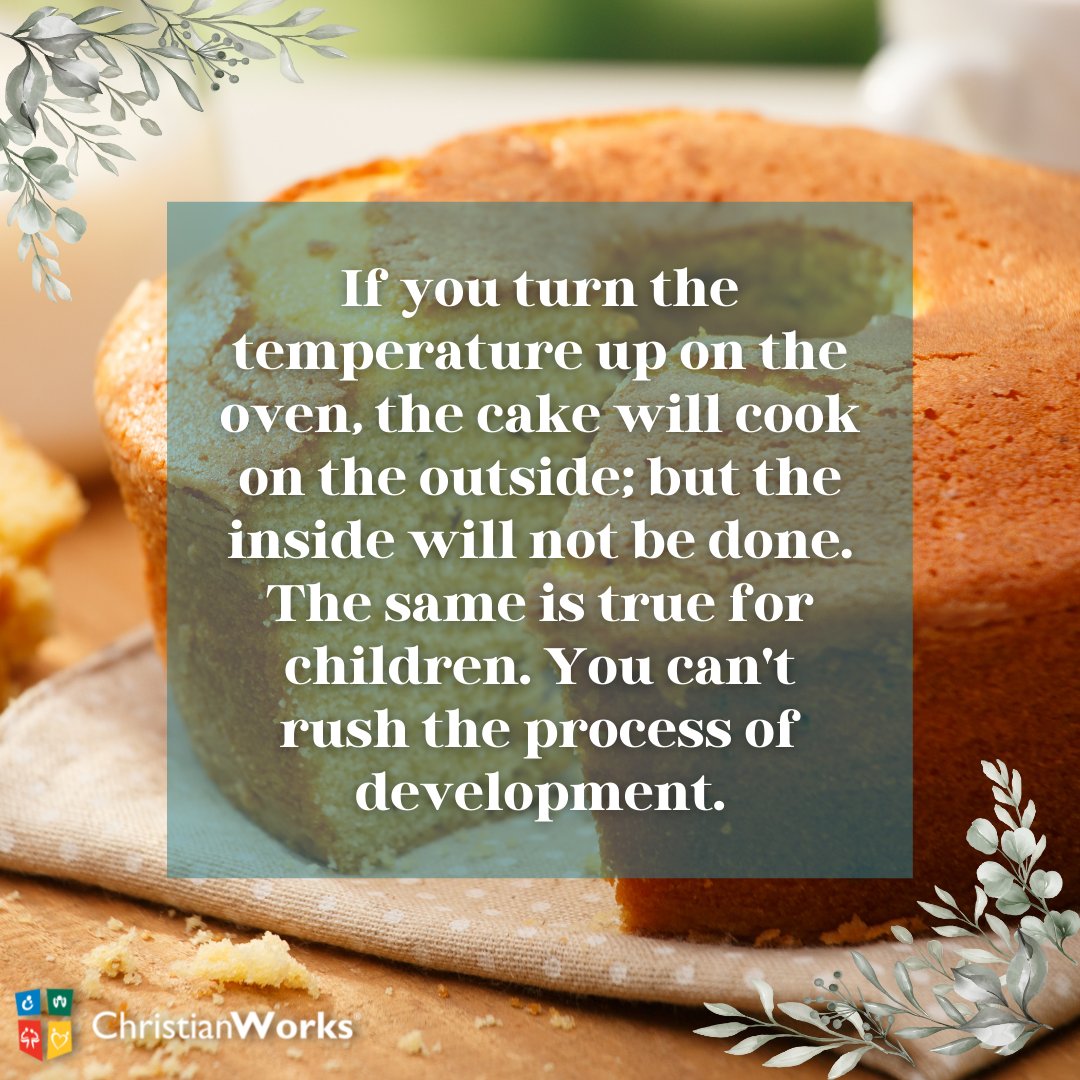 Christian_Works's tweet photo. If you turn the temperature up on the oven, the cake will cook on the outside; but the inside will not be done. The same is true for children. You can't rush the process of development.
💙
💚
❤️
💛
#ChildDevelopment #KidsMentalHealth #Parenting #ChristianWorks #Dallas #FortWorth https://t.co/LNnSIadQ2A