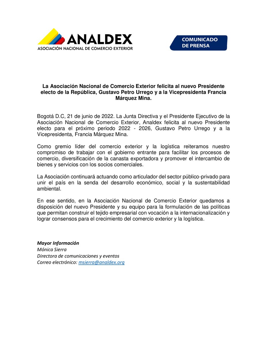 AnaldexColombia's tweet photo. #ComunicadoAnaldex | Felicitamos al presidente electo 
@petrogustavo y a la vicepresidenta @FranciaMarquezM. Ratificamos nuestro compromiso como articulador del sector público-privado para unir el país en la senda del desarrollo económico, social y la sustentabilidad ambiental. https://t.co/JTJSmzYQFj