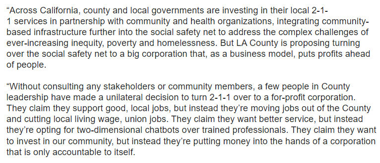 JonnyPeltz's tweet photo. INBOX: LA County BOS plans to give the contract for its 2-1-1 social services hotline to for-profit corporation Deloitte, rather than 211 LA, which employs local unionized workers. 211 LA has put out a statement claiming the submission process for the contract was improper: https://t.co/VjRtQLGTa9