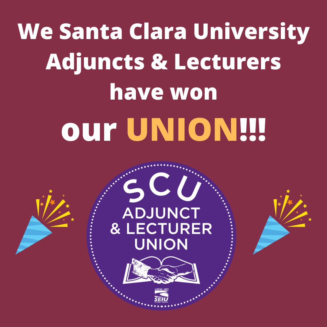 scufacultyunite's tweet photo. We won by a landslide! 72.5% YES votes for our historic Adjunct &amp; Lecturer UNION at Santa Clara University in California!!! https://t.co/HOvd8Off3j