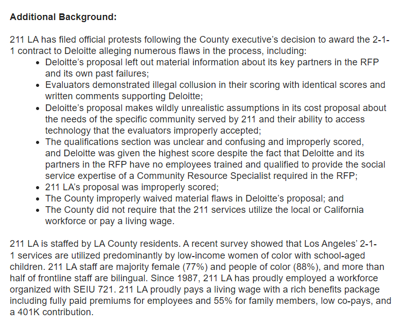 JonnyPeltz's tweet photo. INBOX: LA County BOS plans to give the contract for its 2-1-1 social services hotline to for-profit corporation Deloitte, rather than 211 LA, which employs local unionized workers. 211 LA has put out a statement claiming the submission process for the contract was improper: https://t.co/VjRtQLGTa9