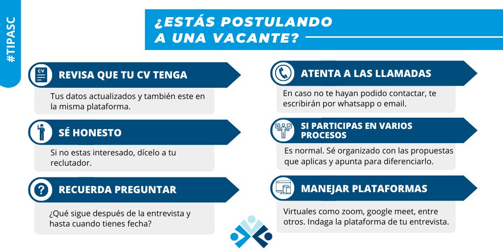 GRUPOASC_PERU's tweet photo. 💡 TOMA EN CUENTA ESTOS TIPS SI ESTÁS POSTULANDO A UNA VACANTE
#TipASC #TipLaboral #vacante #Postula https://t.co/pNhmgkpesu