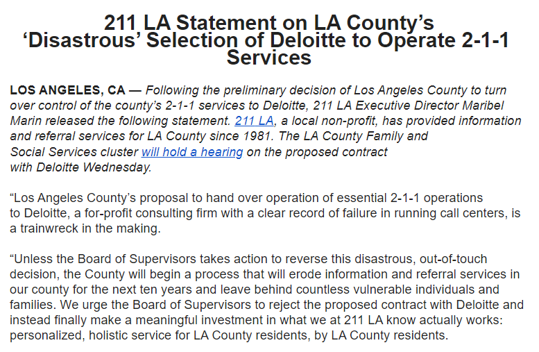 JonnyPeltz's tweet photo. INBOX: LA County BOS plans to give the contract for its 2-1-1 social services hotline to for-profit corporation Deloitte, rather than 211 LA, which employs local unionized workers. 211 LA has put out a statement claiming the submission process for the contract was improper: https://t.co/VjRtQLGTa9