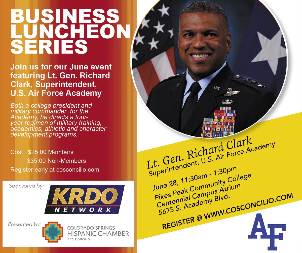 mast3rma5on7's tweet image. If you are not registered for this, you should.  #COSBlackChamber is excited to be in attendance.  #FirstBlack is a title of distinction we are proud of.  Thank you for your service Lt. Gen. Richard Clark #USAFA #TheConcilio