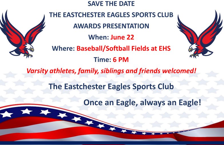 Eagle___Nation's tweet photo. Less than 24hrs away from tomorrows Sports Club Awards! We are excited to celebrate our seniors &amp; varsity athletes on last time for the ‘21-‘22 school year! 🔴⚪️🔵🦅🏆 @EastchesterFB @EHSeaglesVGsoc @EaglesSoccerEHS @EHSEaglesTrack @ehs_exc @EagleStrength10 @Kilcarr_ATC https://t.co/LZopYgOhoo