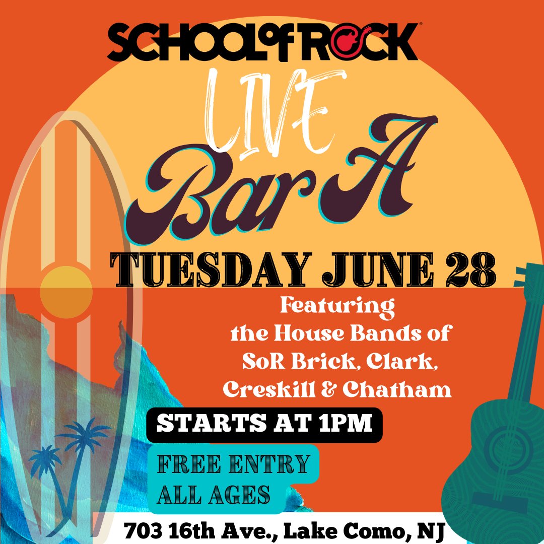 sor_brick's tweet photo. GIG ALERT! School of Rock Brick is proud to host our sister NJ House Bands on their summer tour. Come see the show at Bar A in Lake Como on Tuesday, June 28th!
🎶
🎶
#schoolofrock #liveconcert #livemusic #concert #oceancountynj #oceancountyevents #njshore #jerseyshore #njmusic https://t.co/0w147p4ySl